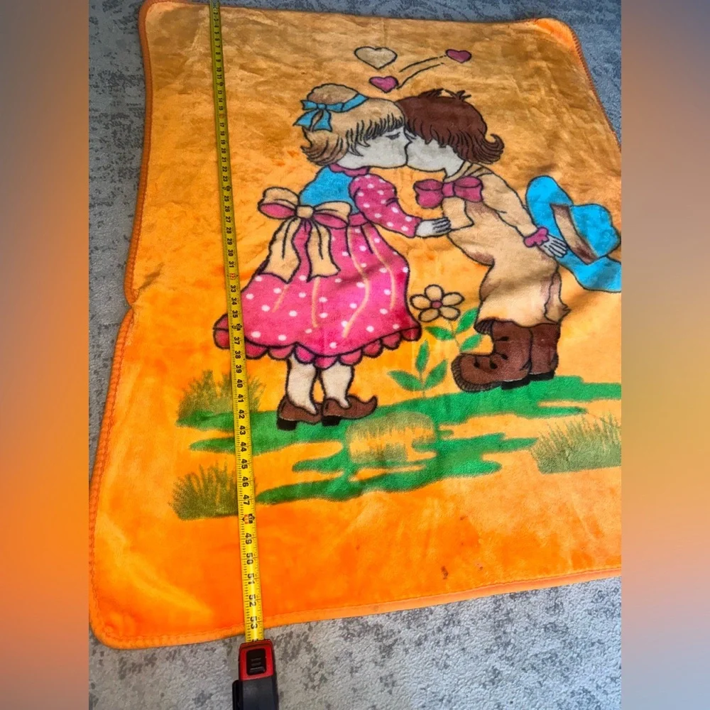 Vintage Baby Mink Orange Boy Kissing Girl Baby Blanket  43”x55”